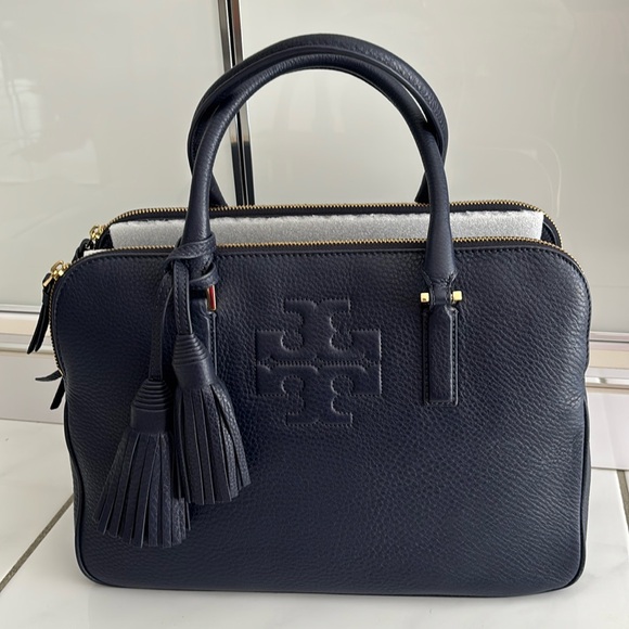 Tory Burch Handbags - Tory Burch Thea Triple Zip Compartment Navy Pebbled Leather Bag